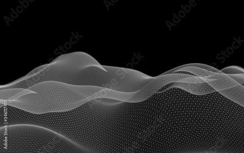 Abstract gray landscape on a black background. Cyberspace grid. hi tech network. 3d technology illustration. Depth of field. 3D illustration