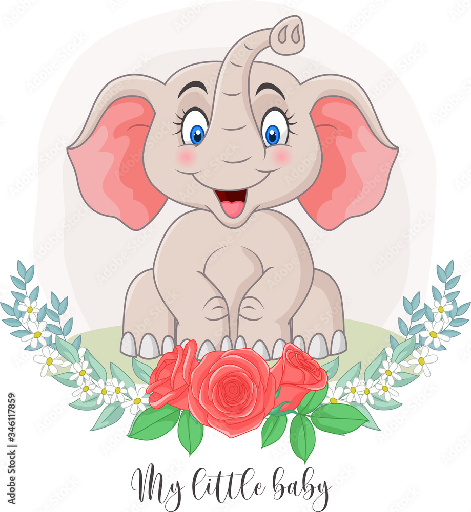 Obraz Cartoon cute elephant sitting with flowers background