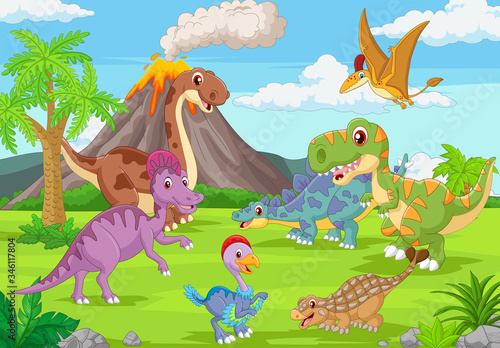 Group of funny dinosaurs in the jungle