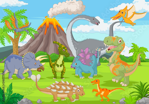 Group of funny dinosaurs in the jungle