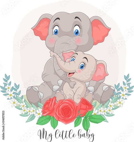 Cartoon Mother and baby elephant sitting with flowers background