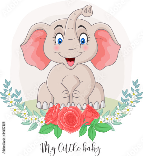 Cartoon cute elephant sitting with flowers background