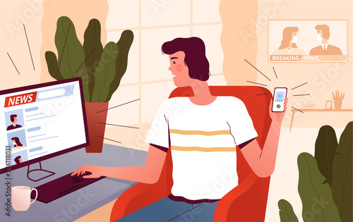 A young man sits at a computer at home, watches the news and discusses them on the phone with friends. People spend time at home. The concept of waiting for new news