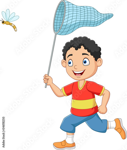 Cartoon boy catching a dragonfly