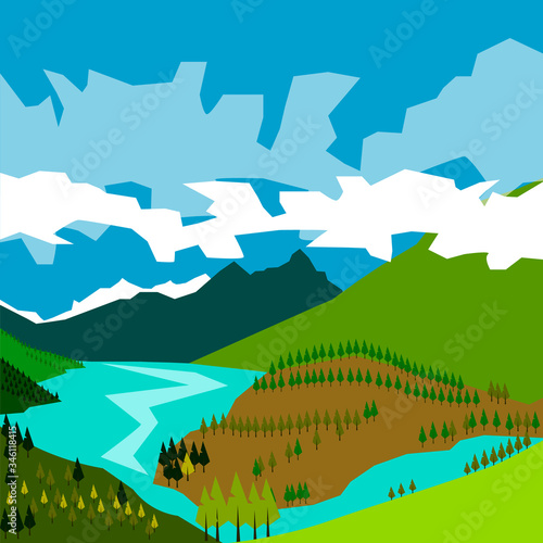 Vector background of autumn mountains and blue river