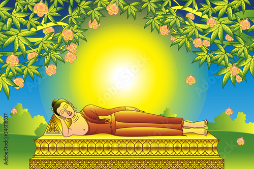Lord Buddha Nirvana, was dead under tree. This is important days of Buddhism. Vector illustration..