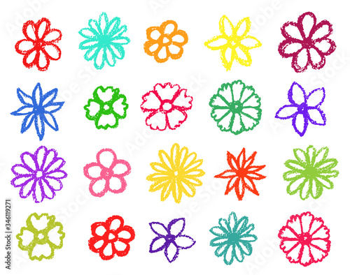 Flowers collection. Children drawling style color flower set. Hand drawn wax crayons art on white background. Isolated chalk style icons.  flowers, leaves. Freehand colorful flower clip art.