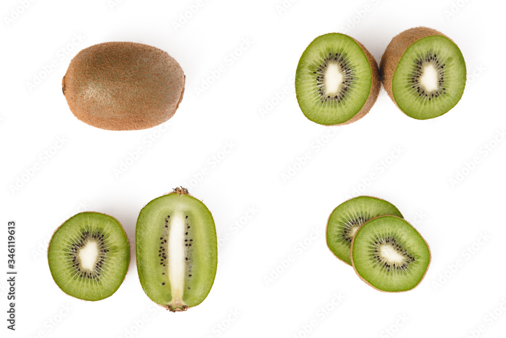 Fototapeta premium Collection of whole and sliced kiwi fruit isolated on a white background