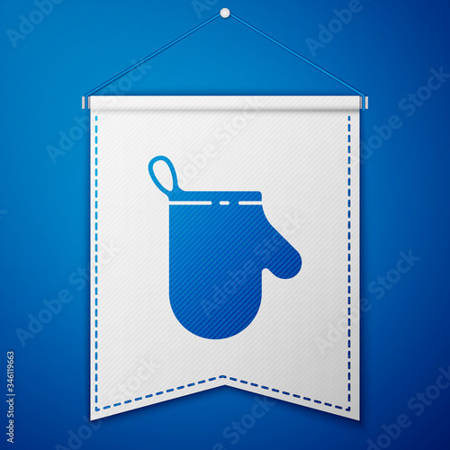 Blue Oven glove icon isolated on blue background. Kitchen potholder sign. Cooking glove. White pennant template. Vector Illustration