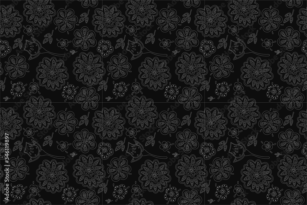 Black silver floral pattern. Repeatable floral elements on a black background.
