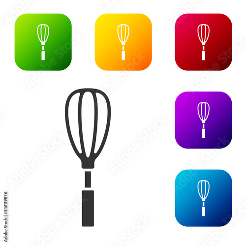 Black Kitchen whisk icon isolated on white background. Cooking utensil, egg beater. Cutlery sign. Food mix symbol. Set icons in color square buttons. Vector Illustration