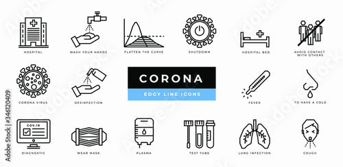 Corona virus icon set - minimal thin outline, web icon and symbol collection - infection, mask, shutdown, curve, desinfection, test. Simple edgy vector illustration.