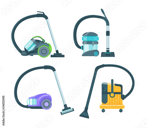 Vacuum cleaner equipment cartoon set. Washing robot cyclone and car vacuum cleaner. Professional cleaning equipment for home and business vector illustration
