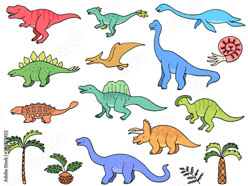 手描きタッチの恐竜のイラストセット