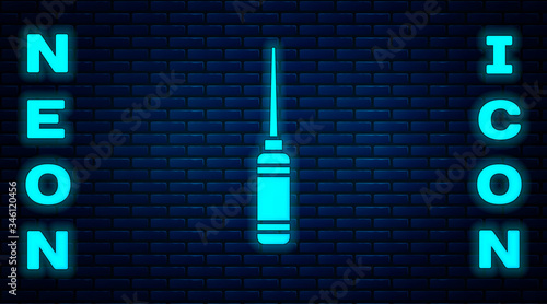 Glowing neon Awl tool with wooden handle icon isolated on brick wall background. Work equipment tailor industry. Vector Illustration