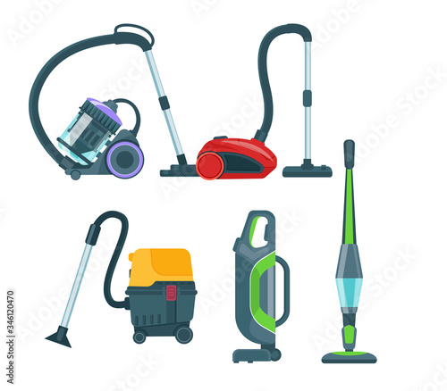 Vacuum cleaner equipment cartoon set. Washing robot cyclone and car vacuum cleaner. Professional cleaning equipment for home and business vector illustration