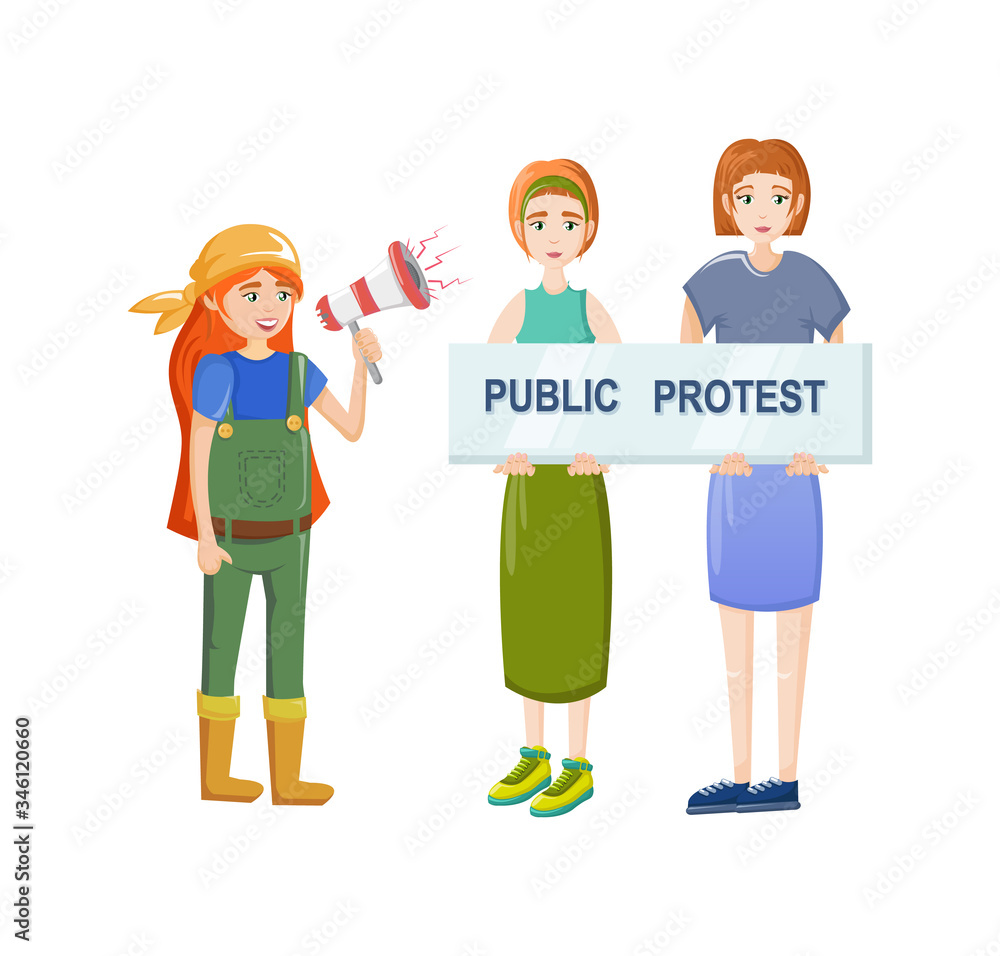Female movements. Women empowerment, feminist demonstration, for women political rights. Crowd of protesting women with placards taking part in political mass meeting, demonstration or protest vector
