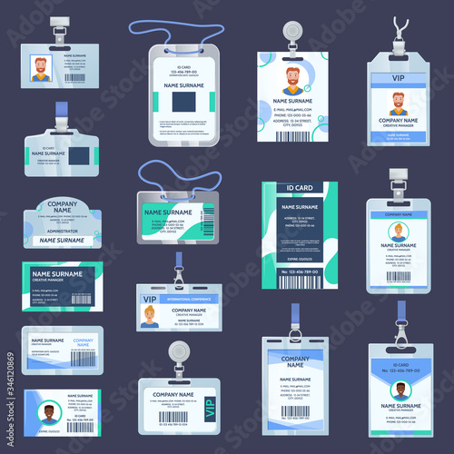Personal id card employee with person passport name tag, corporate card key, mockup.