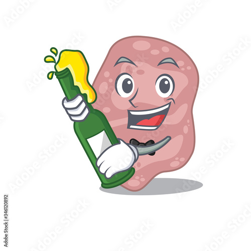 Mascot character design of verrucomicrobia say cheers with bottle of beer photo