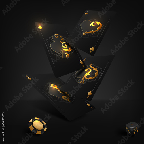 Vector illustration on a casino theme with poker symbols and poker cards on dark background. Vector illustration