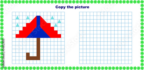 Copy the image using grid lines, a simple educational game for preschool education of children with a simple game level, a children's hand-drawn game with a cartoon umbrellaПечать