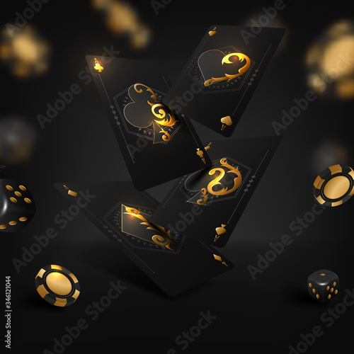 Casino poker tournament banner. Gold text with a playing chip and cards. Royal flush poker combination. Vector illustration