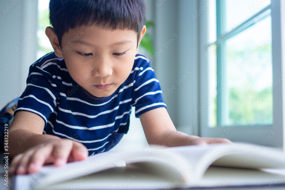 The little boy is reading a book in the house area. Learning at home The little boy is reading a book in the house area. Learning at home