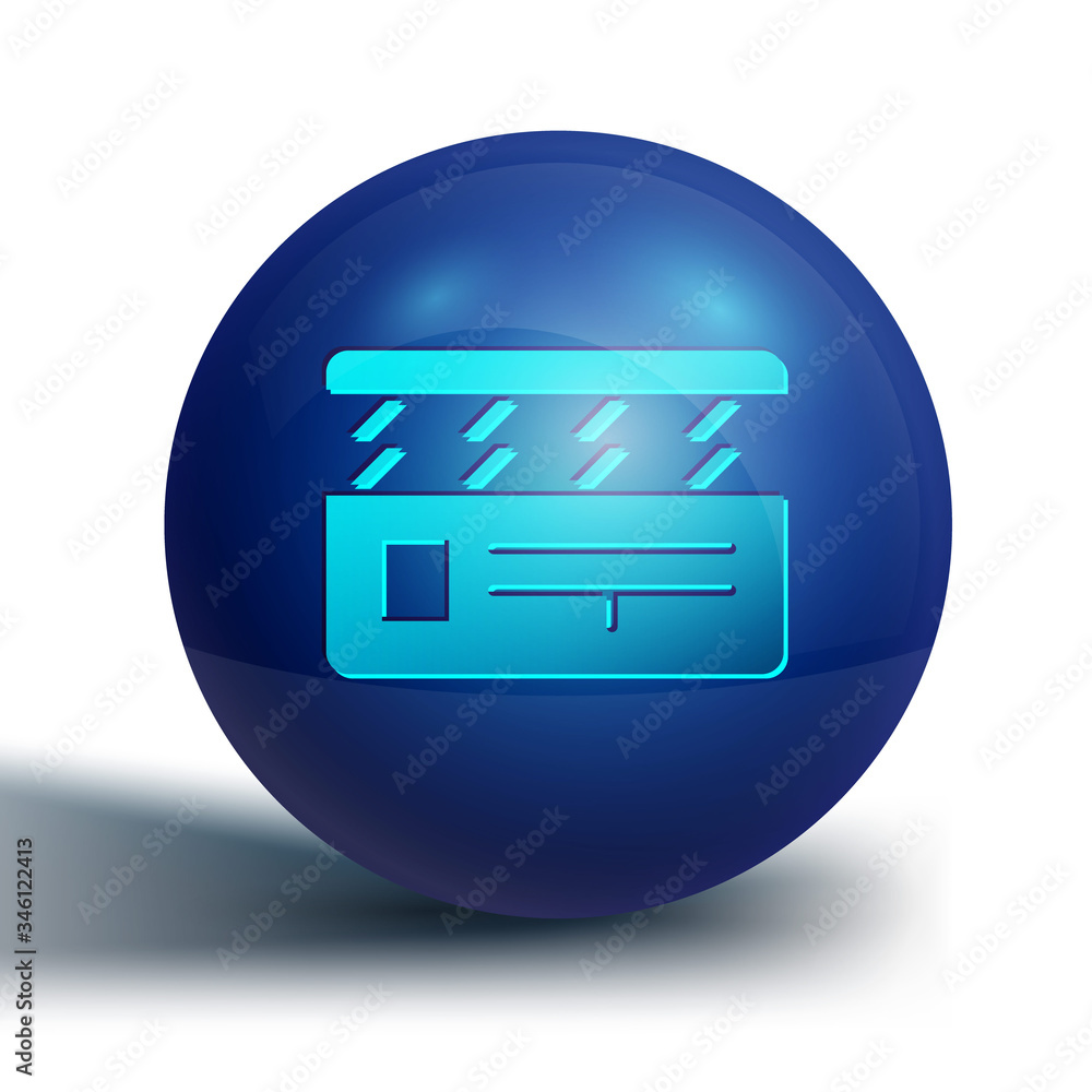 Blue Movie clapper icon isolated on white background. Film clapper board. Clapperboard sign. Cinema production or media industry. Blue circle button. Vector Illustration Blue Movie clapper icon isolated on white background. Film clapper board. Clapperboard sign. Cinema production or media industry. Blue circle button. Vector Illustration