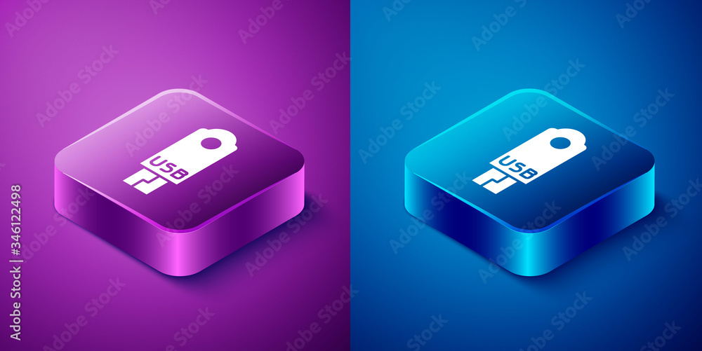 Isometric USB flash drive icon isolated on blue and purple background. Square button. Vector Illustration Isometric USB flash drive icon isolated on blue and purple background. Square button. Vector Illustration