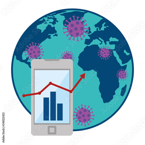 planet earth with smartphone and statistics arrows vector illustration design