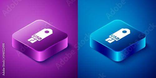 Isometric USB flash drive icon isolated on blue and purple background. Square button. Vector Illustration