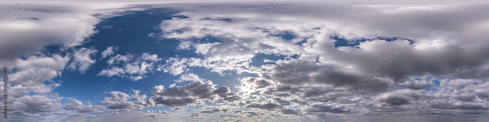 Seamless hdri panorama 360 degrees angle view blue sky with beautiful evening fluffy cumulus clouds without ground for use in 3d graphics or game development as sky dome or edit drone shot Seamless hdri panorama 360 degrees angle view blue sky with beautiful evening fluffy cumulus clouds without ground for use in 3d graphics or game development as sky dome or edit drone shot