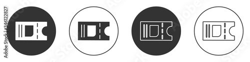 Black Cinema ticket icon isolated on white background. Circle button. Vector Illustration