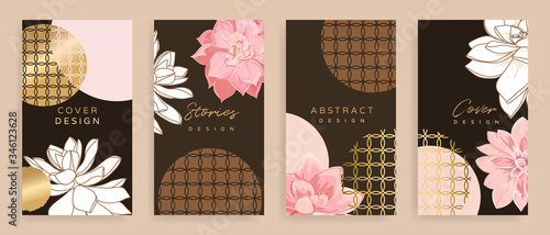 Social media stories and post vector background template with copy space for text and images design by abstract pink and Gold shapes, line arts ,flower, Japanese Cover, Square cover design background 