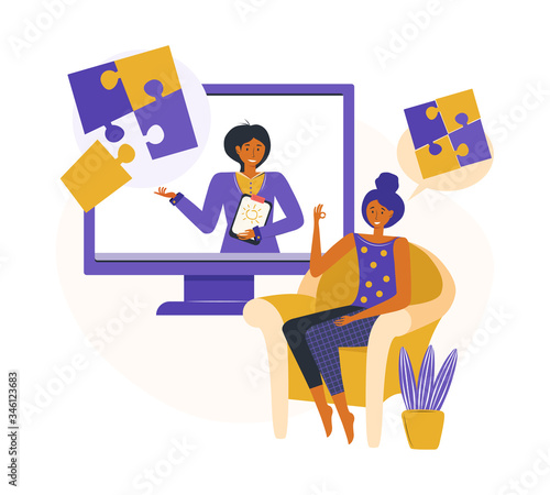 Online psychological consultation. Woman receives psychological help via the Internet while staying at home. oncept online app for specialist consultations. Mental illness and life problems