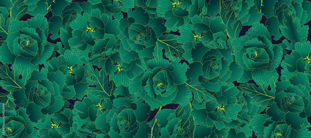 Rose line arts background vector. Luxury gold floral background with green and blue colour theme. Vector illustration.