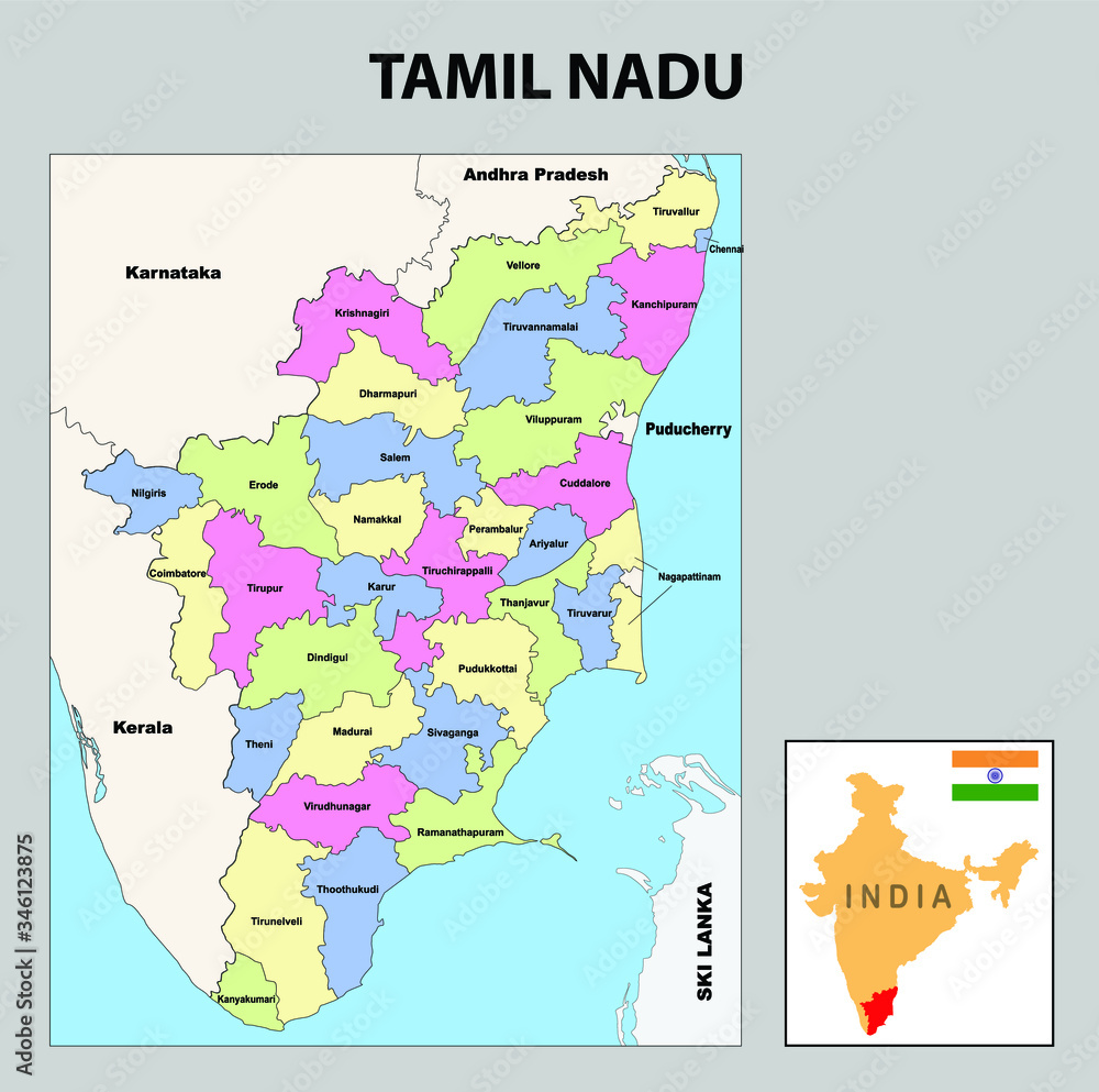Tamil nadu map. District ways map of tamil nadu with name. Vector