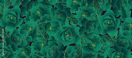Rose line arts background vector. Luxury gold floral background with green and blue colour theme. Vector illustration.