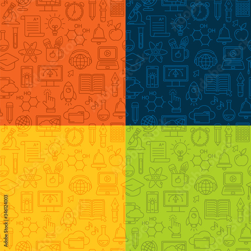 Online education seamless pattern with linear icons. E-learning, online course, webinar, e-book, video conference, home studying. Modern line style vector illustration. Stay home background.