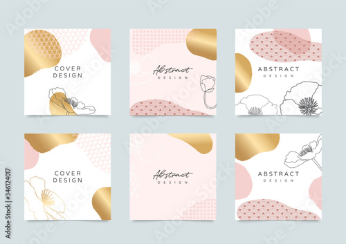 Social media stories and post vector background template with copy space for text and images design by abstract pink and Gold shapes, line arts ,flower, Japanese Cover, Square cover design background 