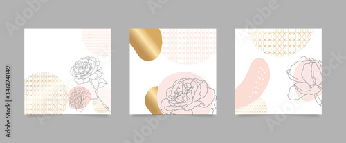 Social media stories and post vector background template with copy space for text and images design by abstract pink and Gold shapes, line arts ,flower, Japanese Cover, Square cover design background 