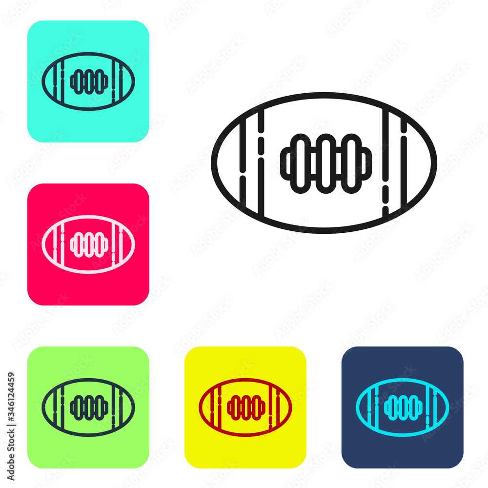 Obraz premium Black line American Football ball icon isolated on white background. Rugby ball icon. Team sport game symbol. Set icons in color square buttons. Vector Illustration
