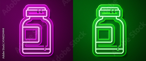 Glowing neon line Sports nutrition bodybuilding proteine power drink and food icon isolated on purple and green background. Vector Illustration