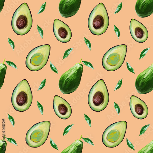 Seamless pattern of avocado. Avocado, hand-draw illustration in gouache on nude background. Food hand drawn illustration.Design for packaging, fabrics, textiles, wallpaper, website, postcards