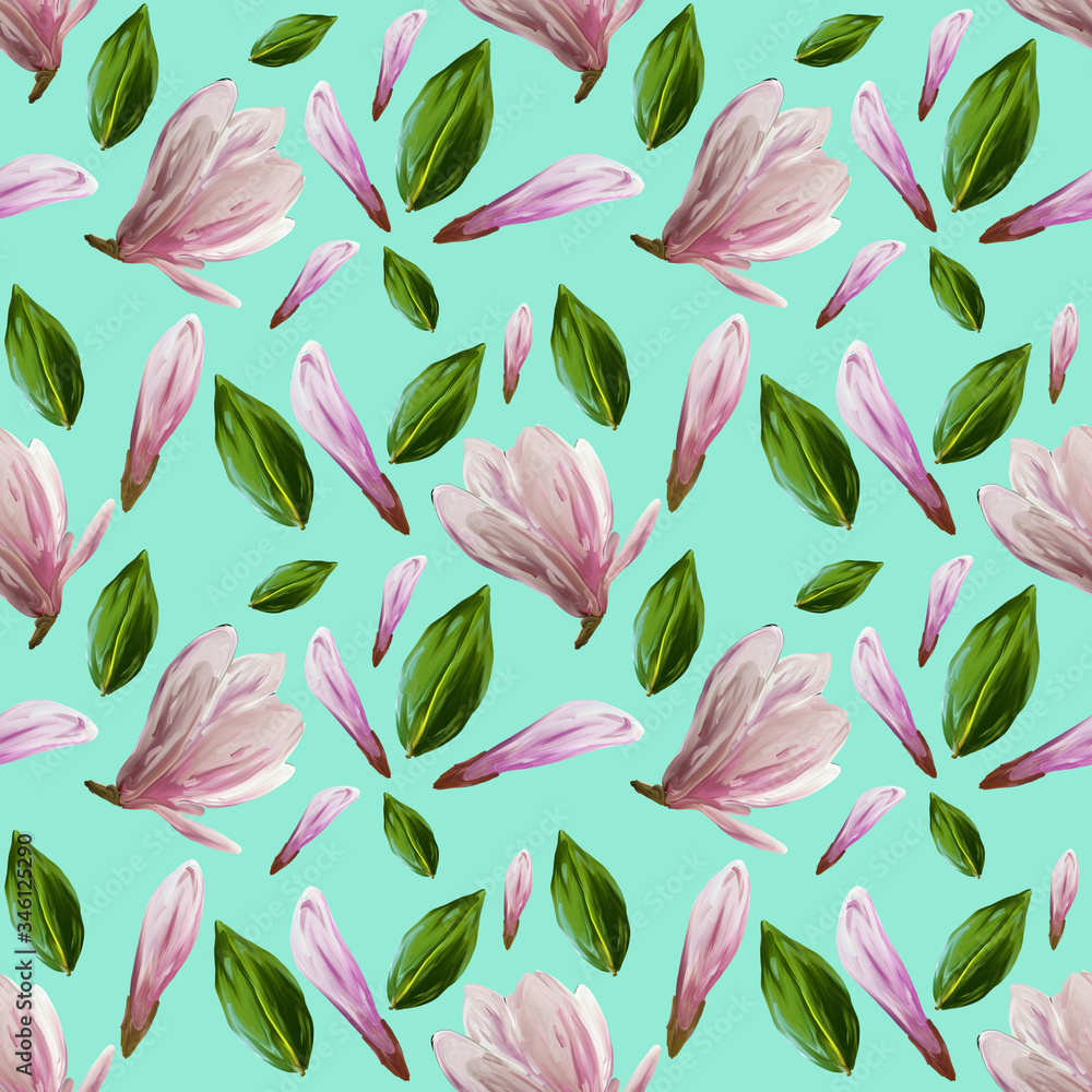 Seamless pattern with blooming magnolia flowers and leaves. Watercolor illustration. Pattern on turquoise background for your design, wrapping paper, fabric, background
