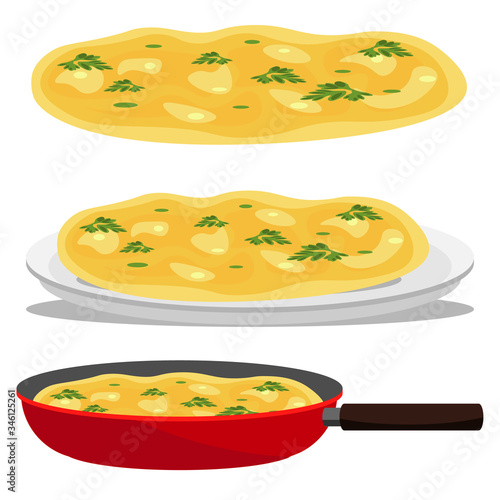 Omelette. Set of three omelets: in a pan, on a plate and isolated on a white background. Vector illustration.