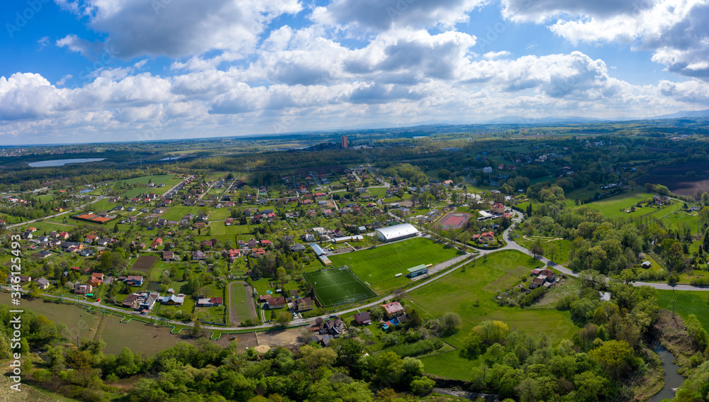 aerial view of Stonava village in Czech in spring, with beautiful sky