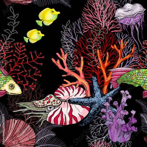 Seamless pattern with dark ocean night, hand drawn marine life.