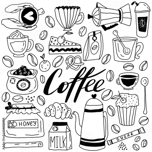 Big set of coffee in hand drawn doodle style. Coffee beans, cup, milk, honey, pastries, coffee maker, sugar. Stock vector illustration.