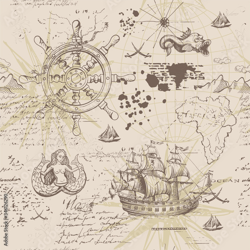 Vector abstract seamless pattern on the theme of travel, adventure and discovery and pirates. Vintage repeating background with hand-drawn ships, anchors, wind rose and islands.